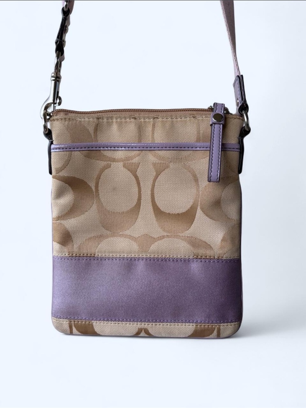 Coach Signature Canvas Crossbody Bag in Tan and Lavender